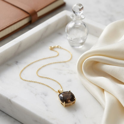 Cushion Cut 10mm Smokey Quartz Pendant In 14k Yellow Gold — atelier still life