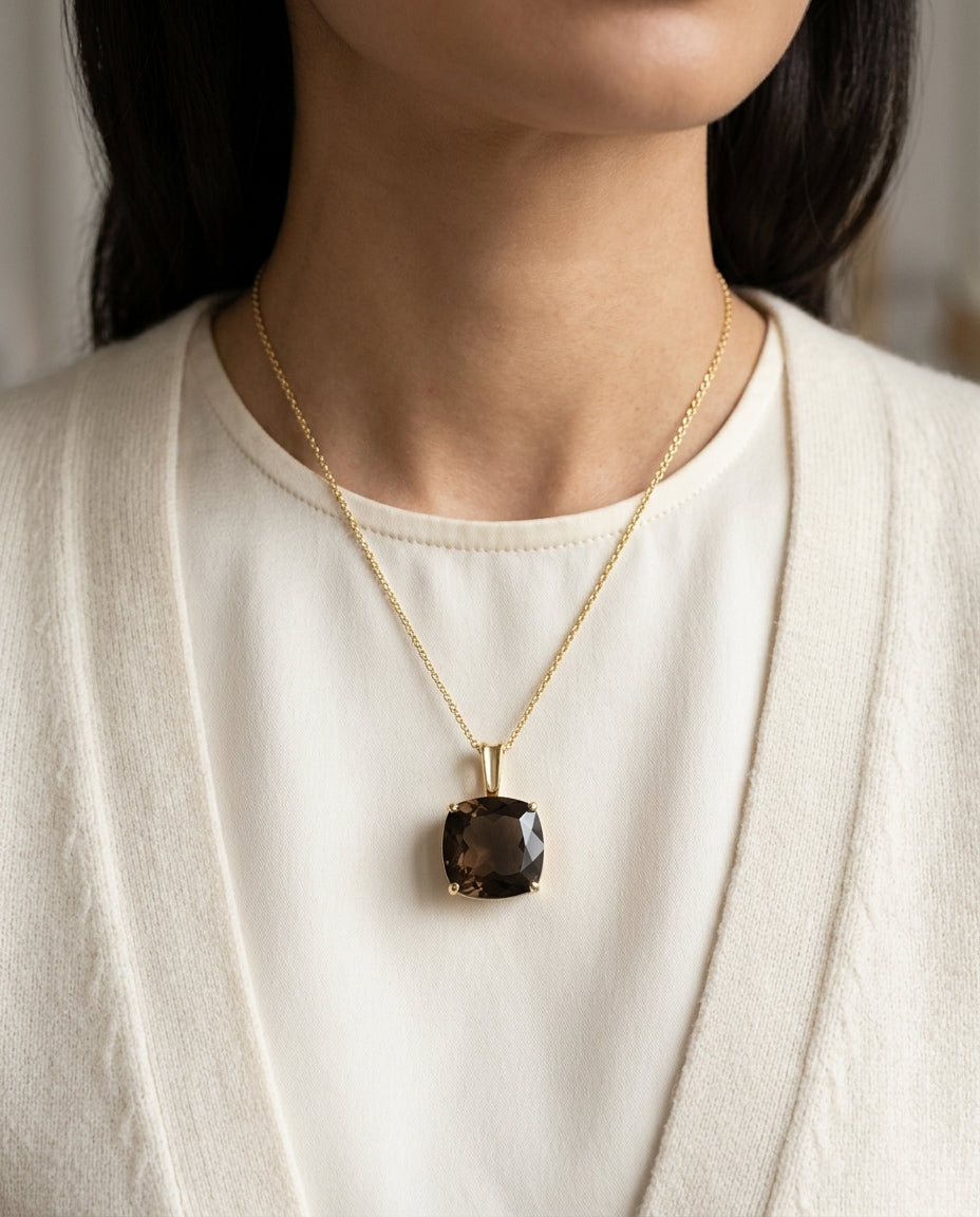 Cushion Cut 10mm Smokey Quartz Pendant In 14k Yellow Gold — editorial close-up