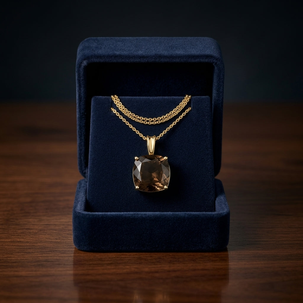 Cushion Cut 10mm Smokey Quartz Pendant In 14k Yellow Gold — gift presentation