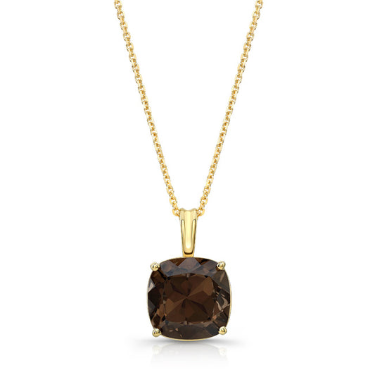 Cushion Cut 10mm Smokey Quartz Pendant In 14k Yellow Gold