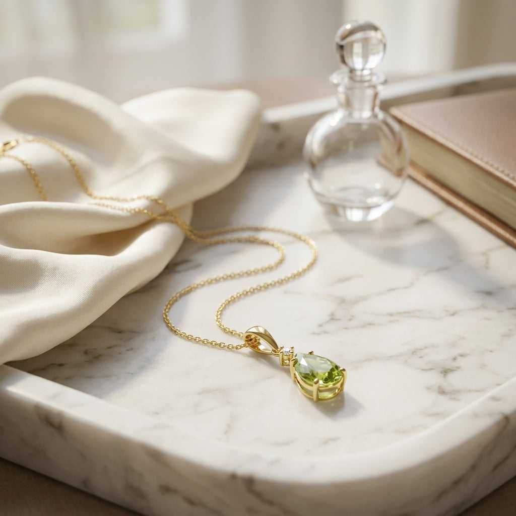 Peridot And Diamond Pendant In 14k Yellow Gold (9x6mm) — atelier still life