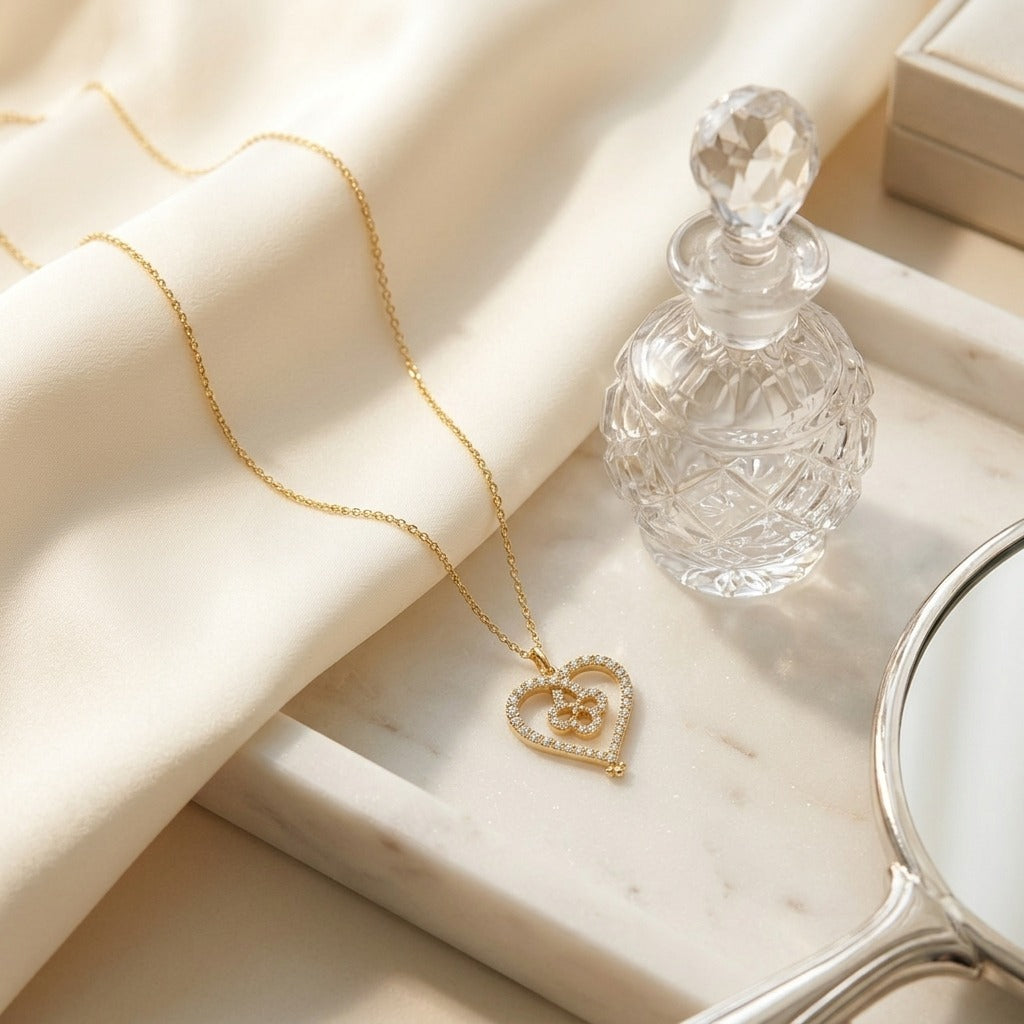Diamond Pave Clover-in-Heart Pendant in 14k Yellow Gold — marble silk
