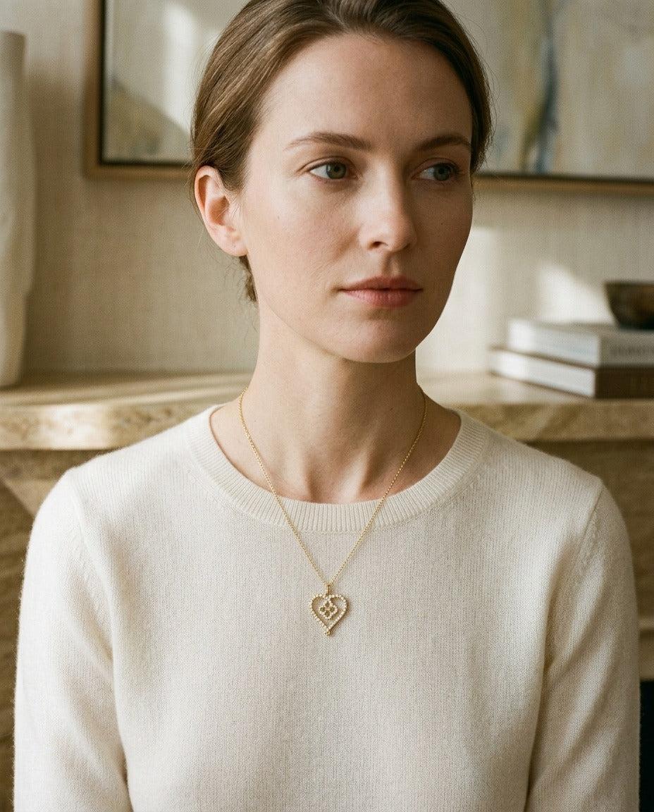 Diamond Pave Clover-in-Heart Pendant in 14k Yellow Gold — portrait close