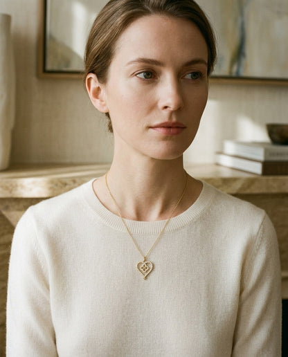 Diamond Pave Clover-in-Heart Pendant in 14k Yellow Gold — portrait close