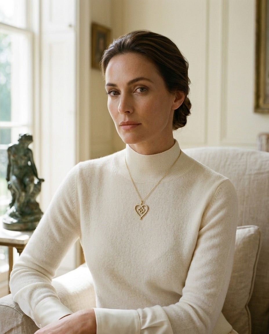 Diamond Pave Clover-in-Heart Pendant in 14k Yellow Gold — portrait full