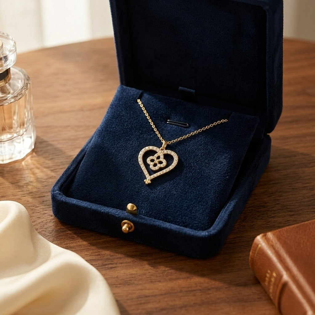 Diamond Pave Clover-in-Heart Pendant in 14k Yellow Gold — velvet box