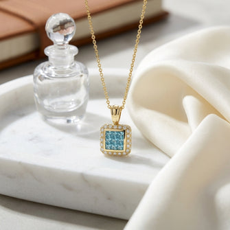 Blue Topaz And Diamond Invisible Set Cube Pendant In 14k Yellow Gold (17-in Rolo Chain) — atelier still life