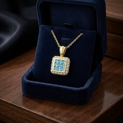 Blue Topaz And Diamond Invisible Set Cube Pendant In 14k Yellow Gold (17-in Rolo Chain) — gift presentation