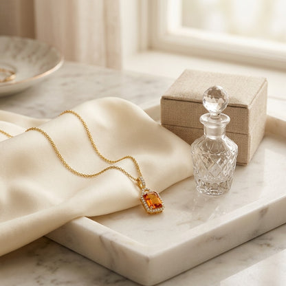 Citrine and Diamond Pendant in 14k Yellow Gold 17 in Rolo Chain — marble silk