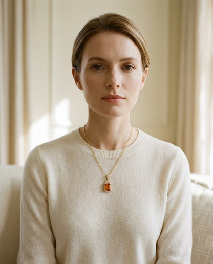 Citrine and Diamond Pendant in 14k Yellow Gold 17 in Rolo Chain — portrait close