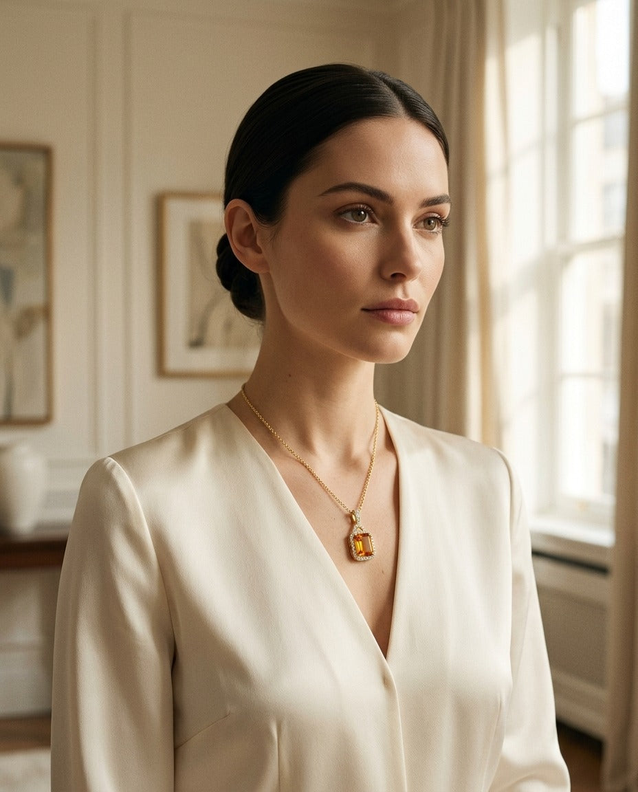 Citrine and Diamond Pendant in 14k Yellow Gold 17 in Rolo Chain — portrait full