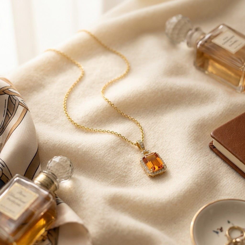 Citrine and Diamond Pendant in 14k Yellow Gold 17 in Rolo Chain — textile flat lay