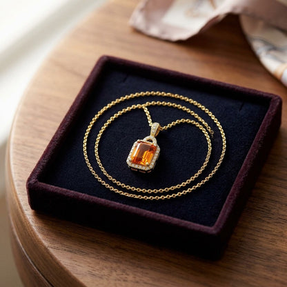 Citrine and Diamond Pendant in 14k Yellow Gold 17 in Rolo Chain — velvet box