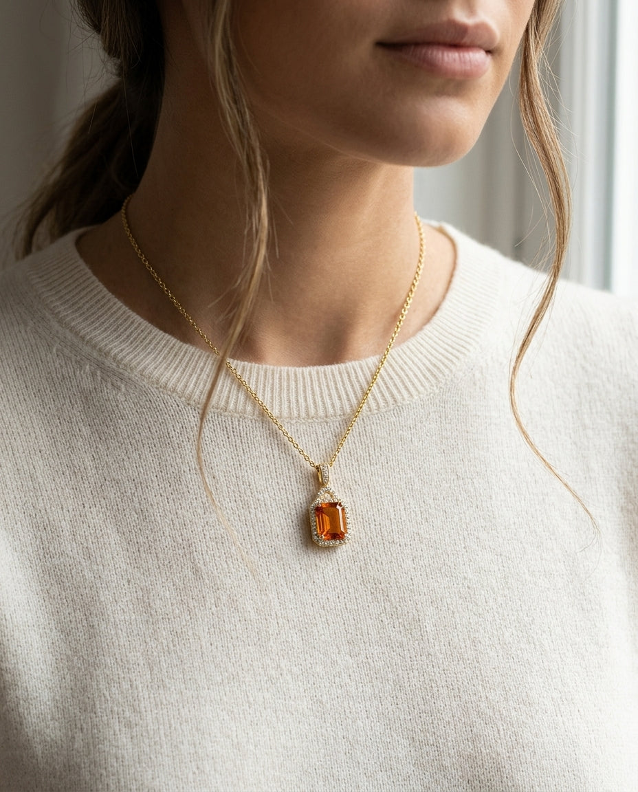 Citrine And Diamond Octagon Pendant In 14k Yellow Gold (18-in Curb Chain) — editorial close-up