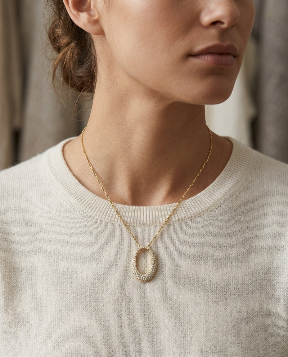 Diamond Pave Oval Pendant In 14k Yellow Gold (si) — editorial close-up