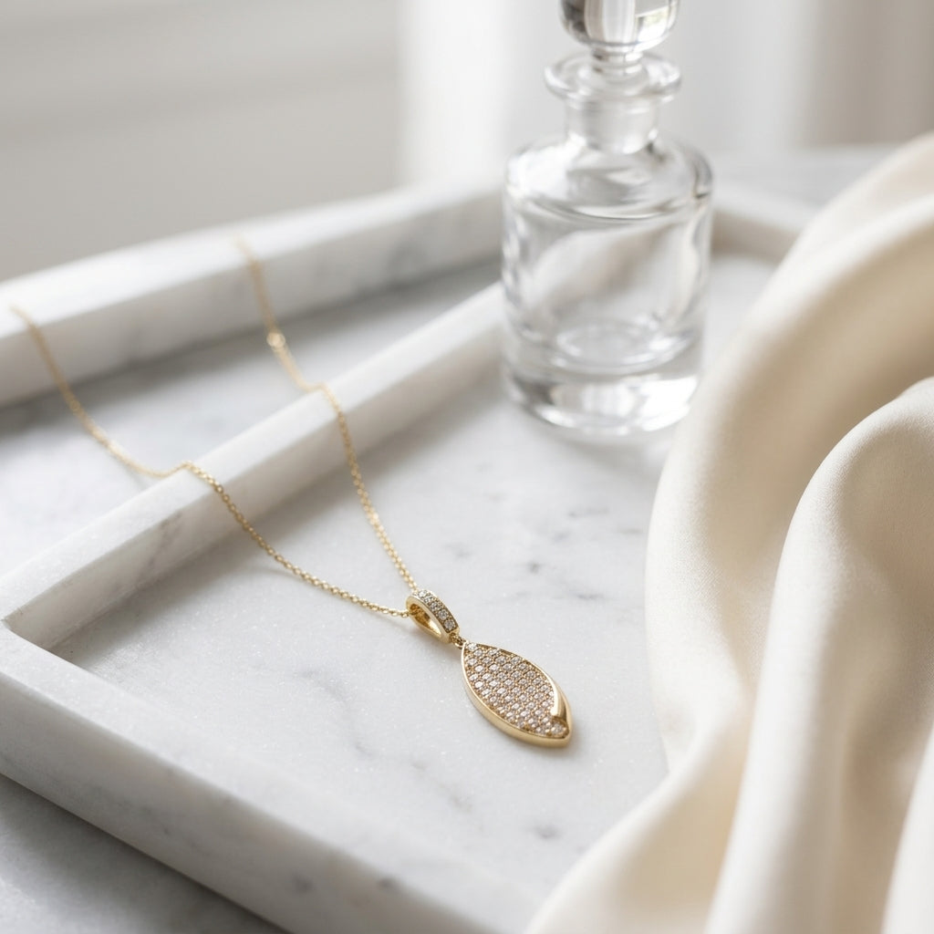 Diamond Pave Folded Corner Pointed Oval Pendant In 14k Yellow Gold — atelier still life