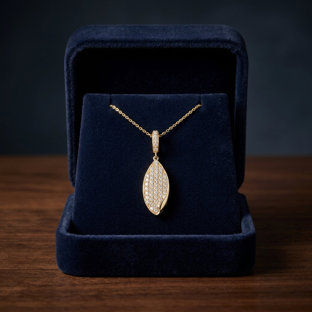 Diamond Pave Folded Corner Pointed Oval Pendant In 14k Yellow Gold — gift presentation