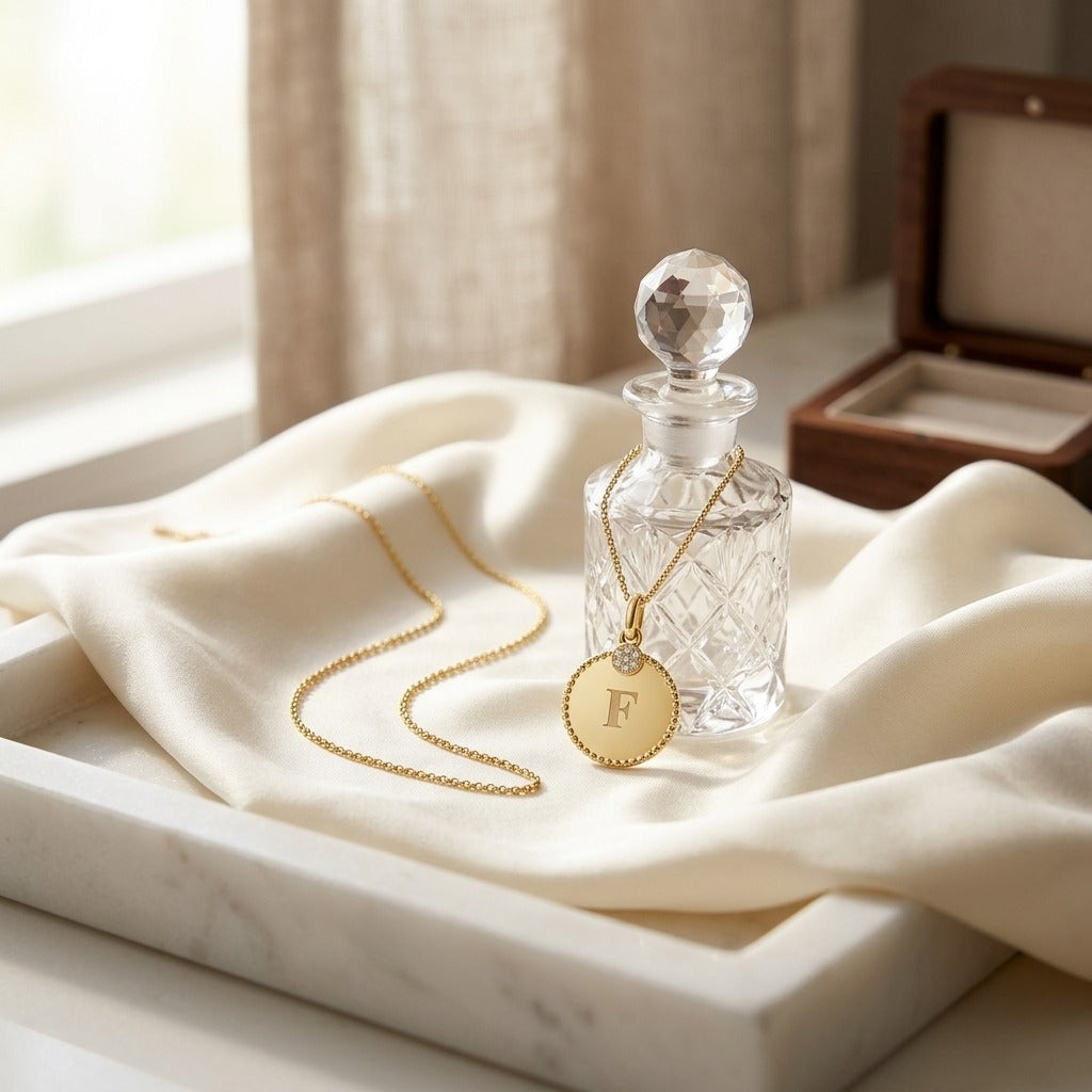 14k Gold Diamond Accent Initial Disc Pendant — marble silk