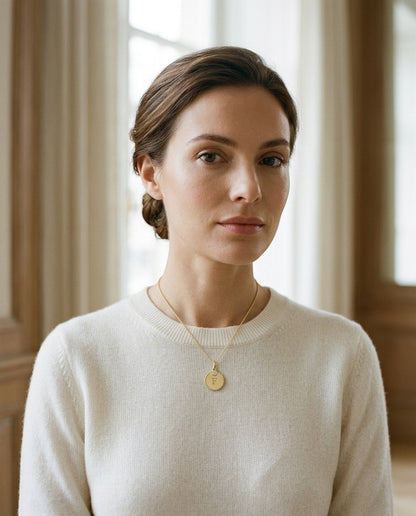 14k Gold Diamond Accent Initial Disc Pendant — portrait close