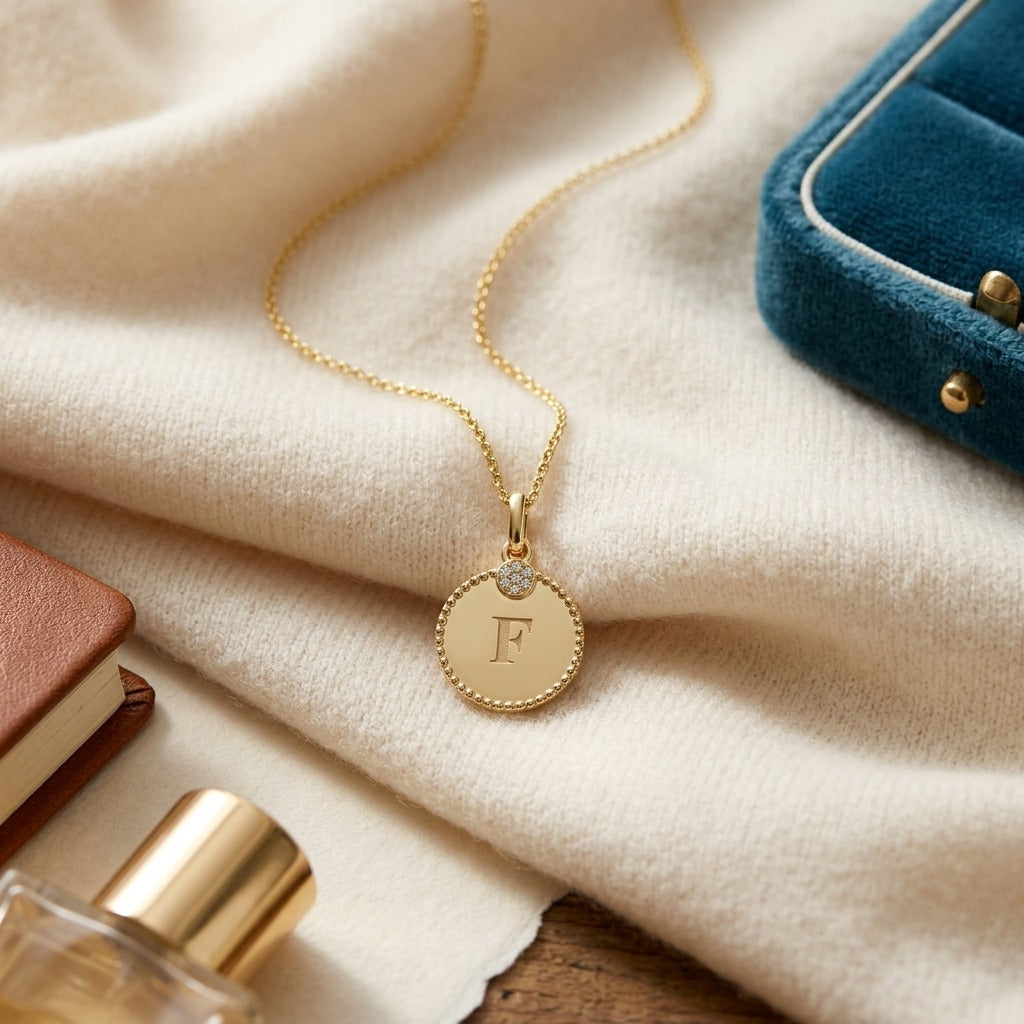 14k Gold Diamond Accent Initial Disc Pendant — textile flat lay