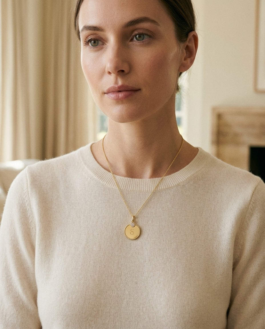 Diamond Initial "c" Disc Pendant In 14k Yellow Gold — portrait close