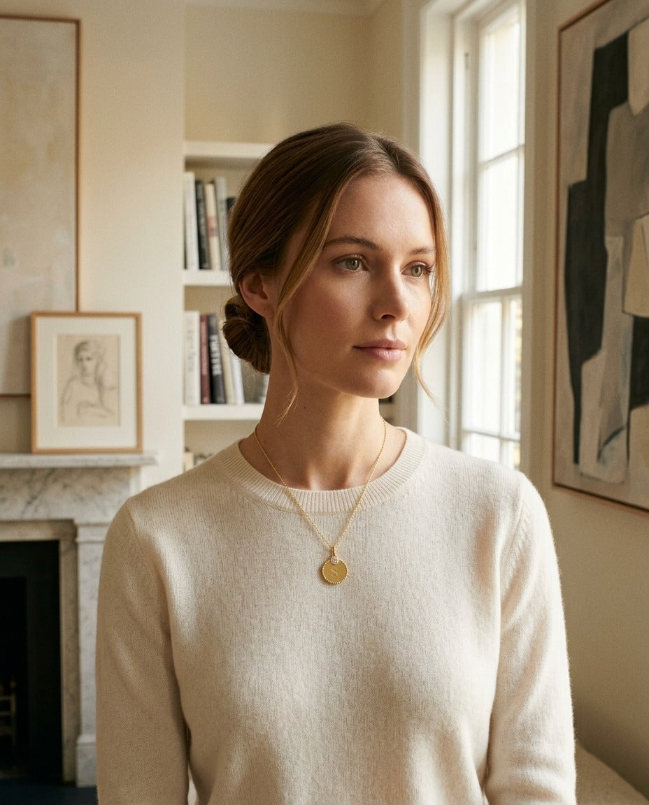 Diamond Initial "c" Disc Pendant In 14k Yellow Gold — portrait full