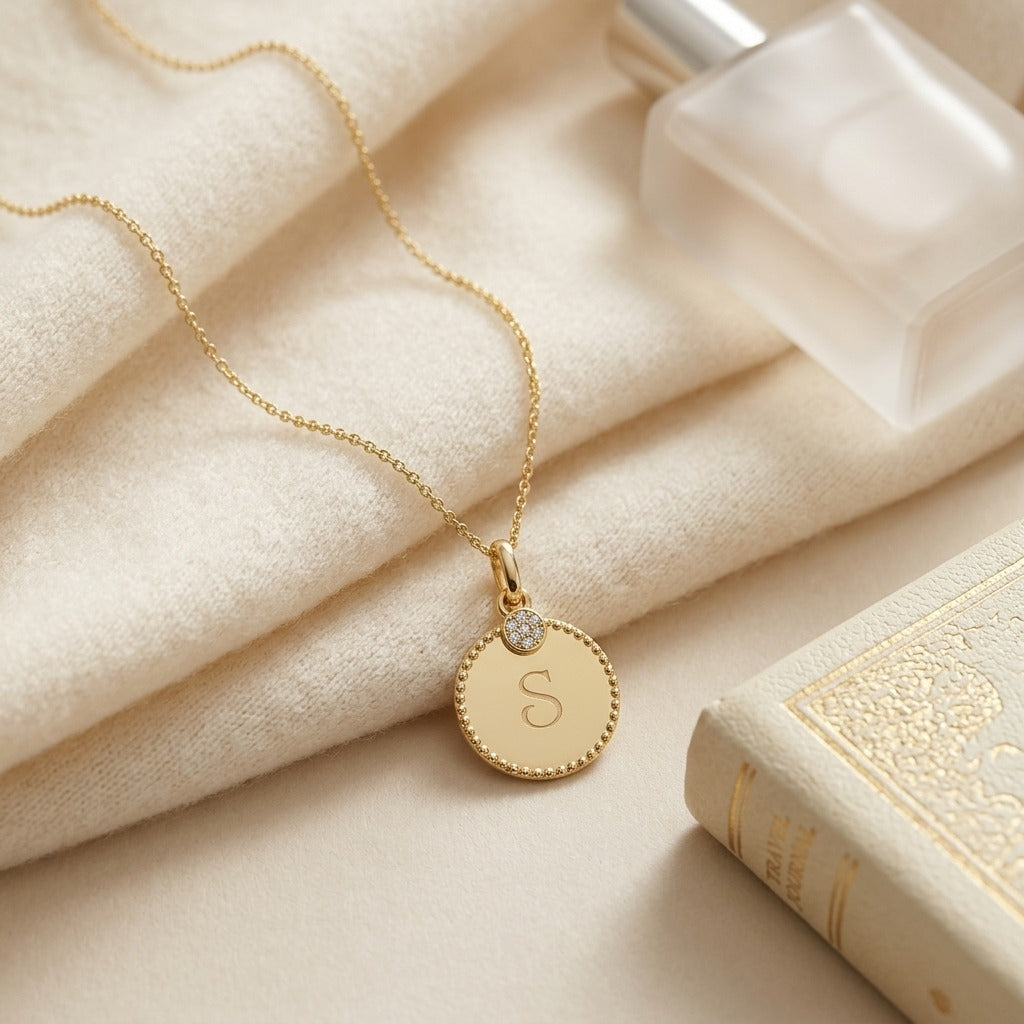 Diamond Initial "c" Disc Pendant In 14k Yellow Gold — textile flat lay
