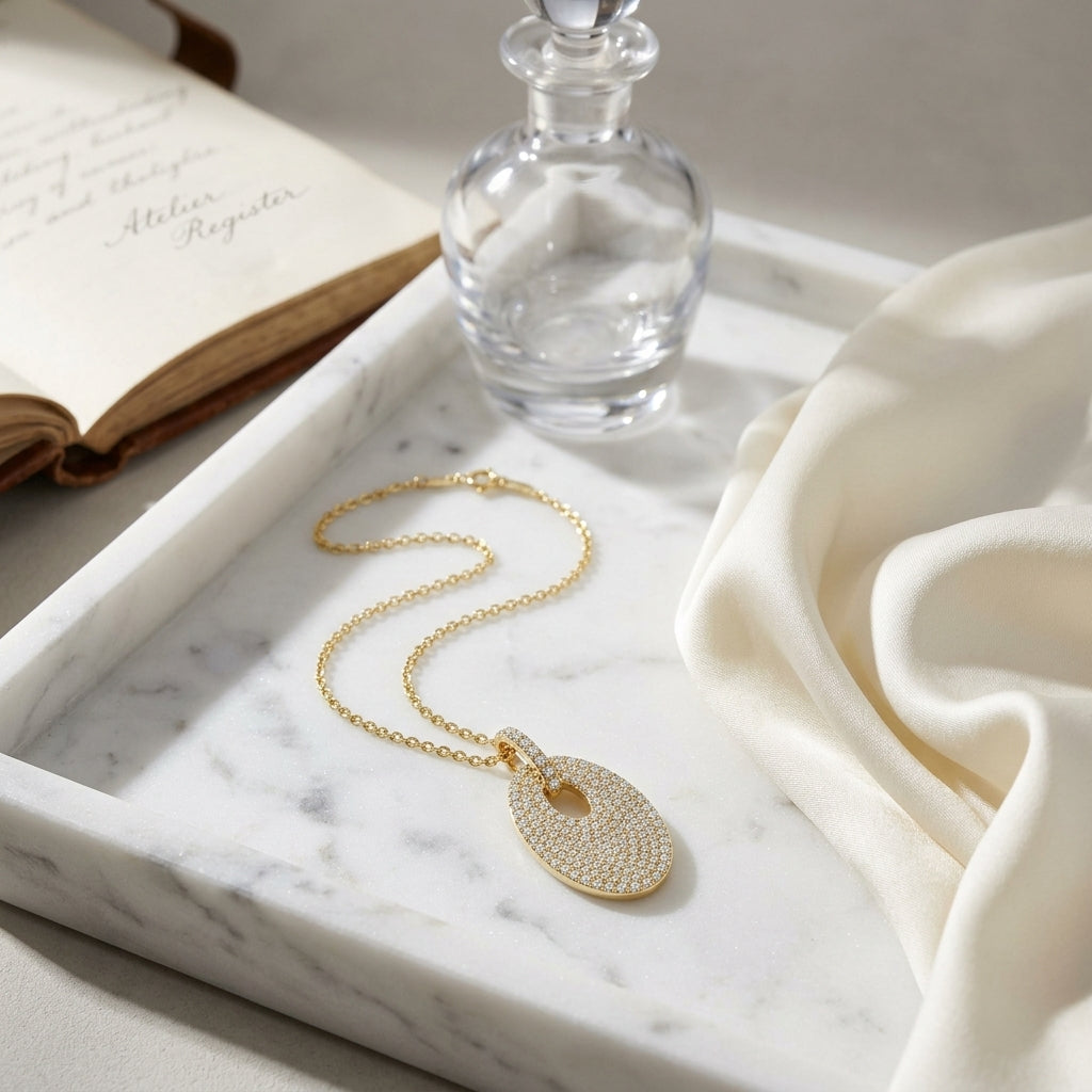 Diamond Pave Oval Disc Pendant In 14k Yellow Gold — atelier still life