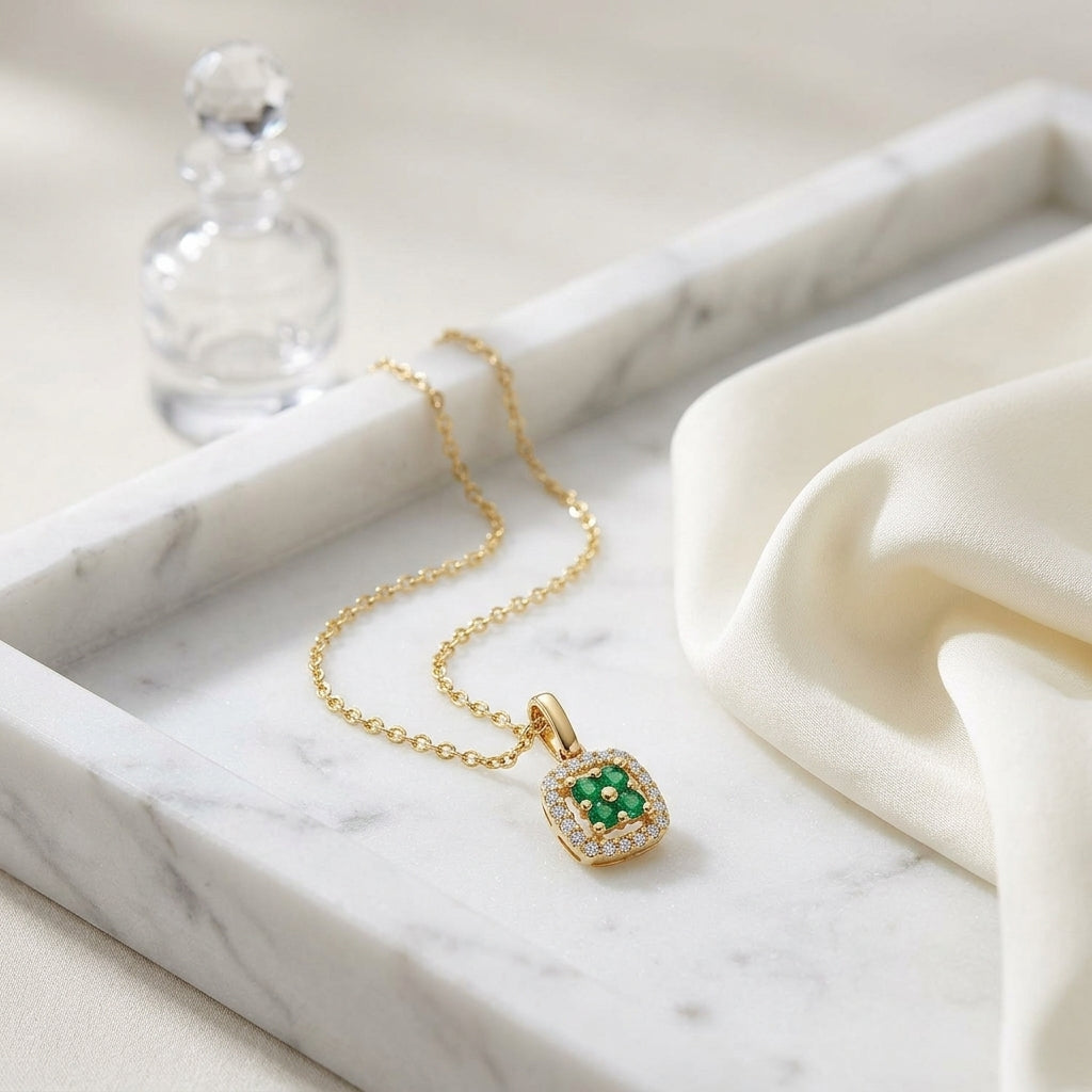 Created Emerald And Diamond Clover Pendant In 14k Yellow Gold (18-in Curb Chain) — atelier still life