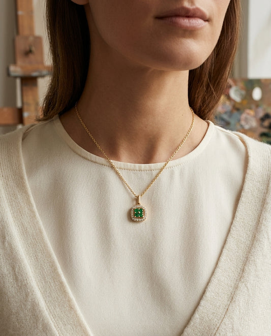 Created Emerald And Diamond Clover Pendant In 14k Yellow Gold (18-in Curb Chain) — editorial close-up