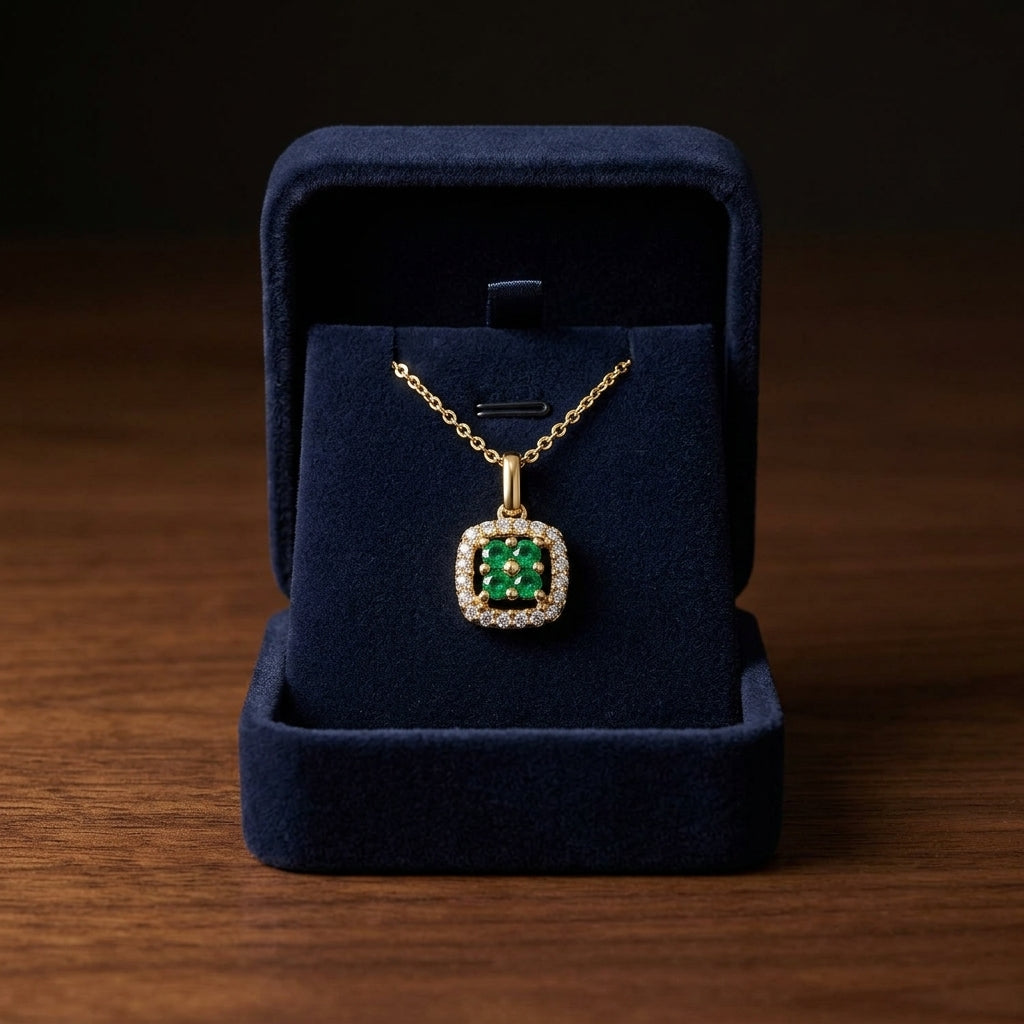 Created Emerald And Diamond Clover Pendant In 14k Yellow Gold (18-in Curb Chain) — gift presentation