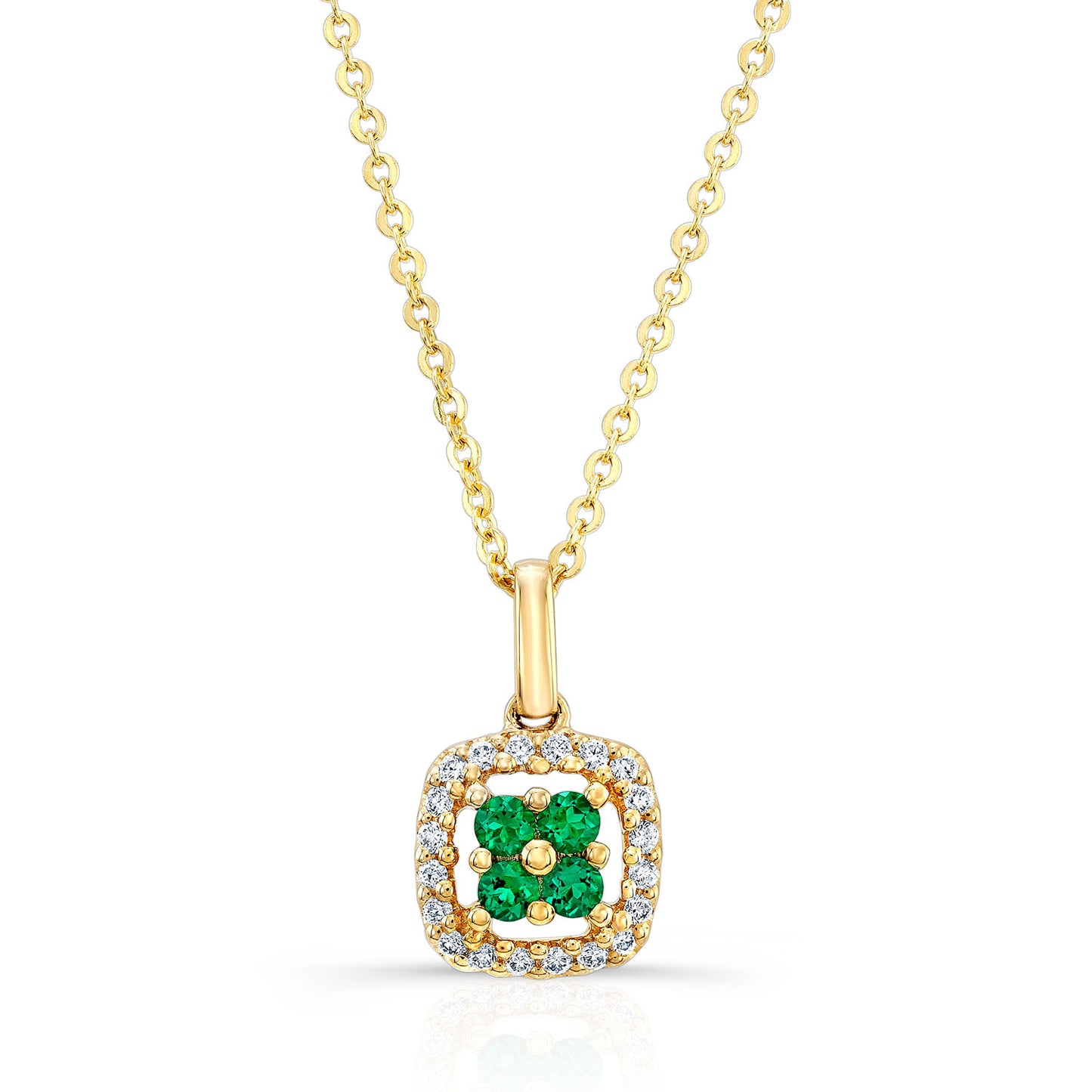 Created Emerald And Diamond Clover Pendant In 14k Yellow Gold (18-in Curb Chain)