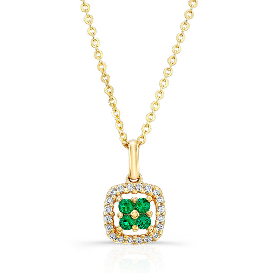 Created Emerald And Diamond Clover Pendant In 14k Yellow Gold (18-in Curb Chain)