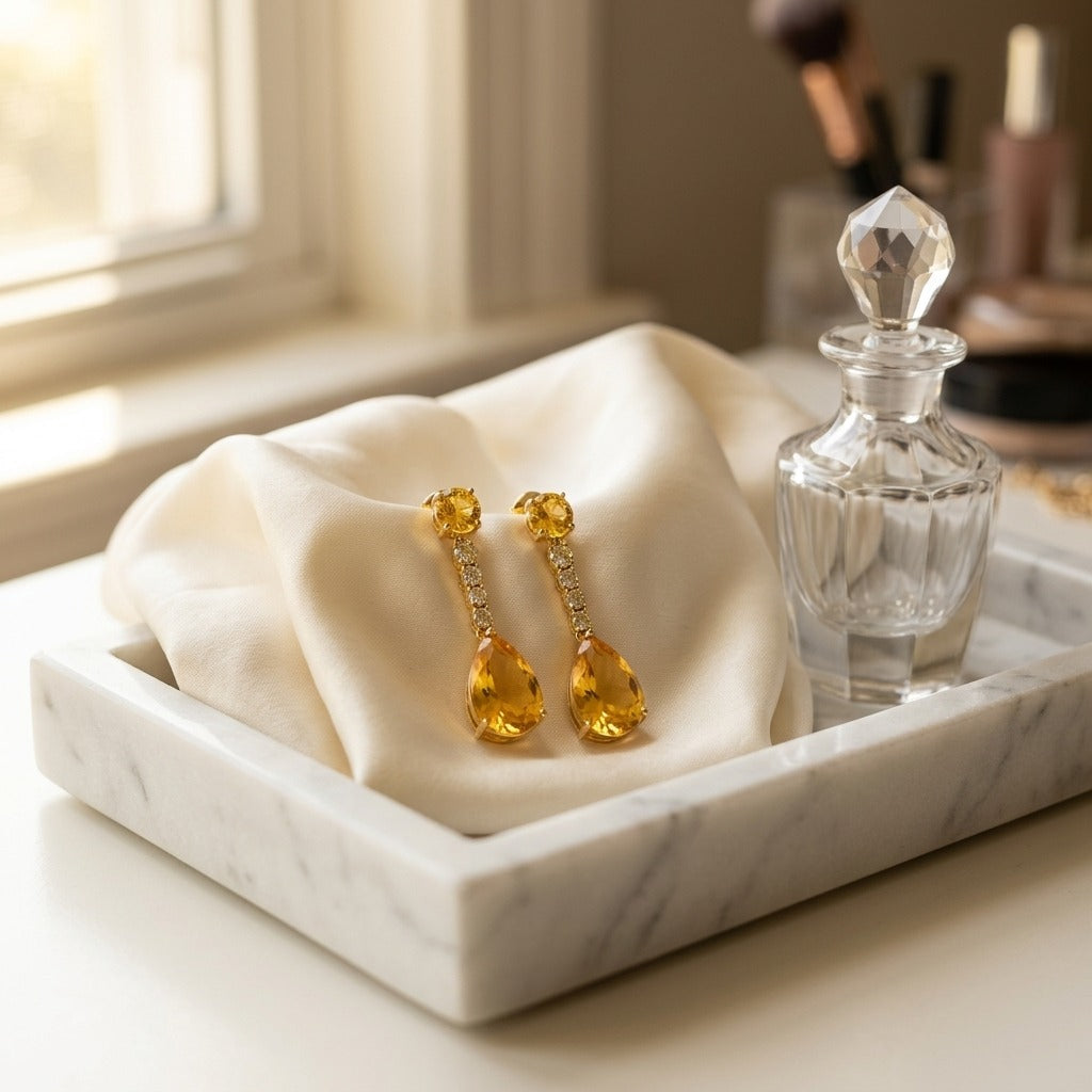 Citrine and Diamond Teardrop Pendant in 14k Yellow Gold — marble silk