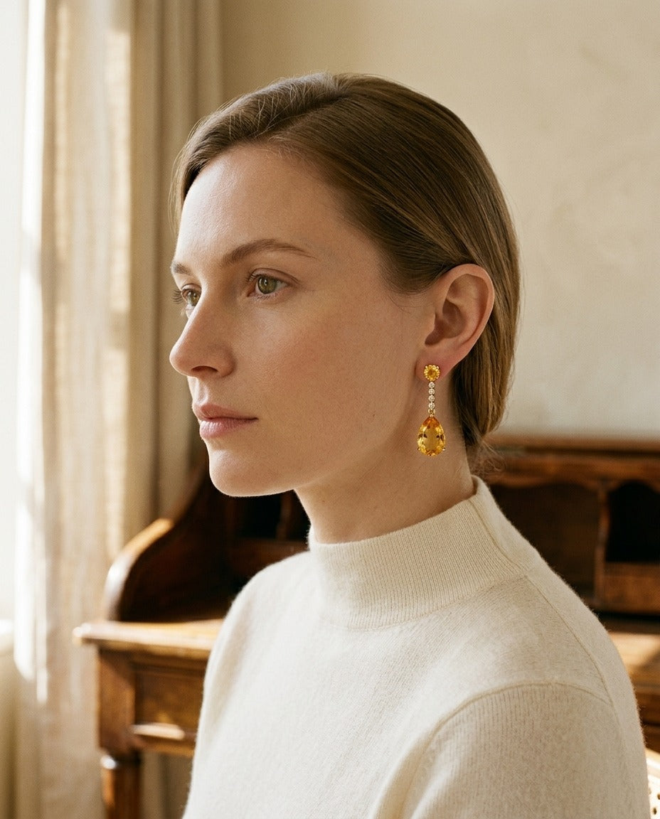 Citrine and Diamond Teardrop Pendant in 14k Yellow Gold — portrait close