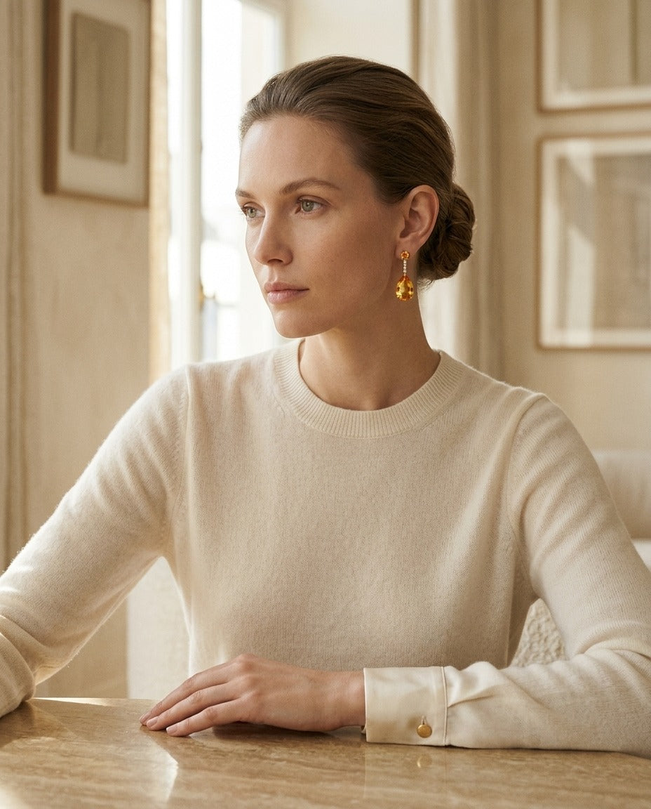 Citrine and Diamond Teardrop Pendant in 14k Yellow Gold — portrait full