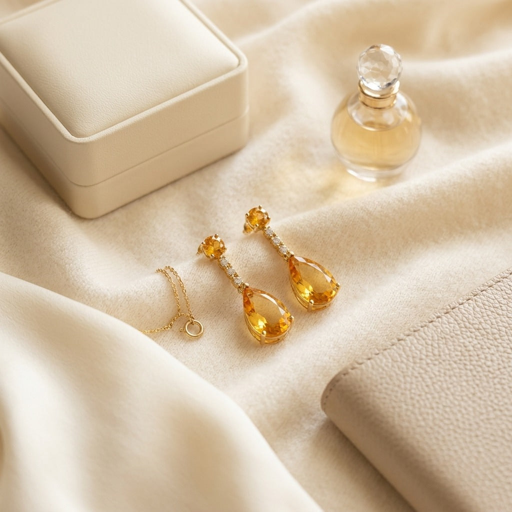 Citrine and Diamond Teardrop Pendant in 14k Yellow Gold — textile flat lay