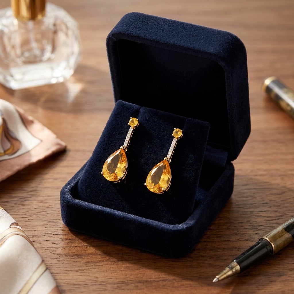 Citrine and Diamond Teardrop Pendant in 14k Yellow Gold — velvet box