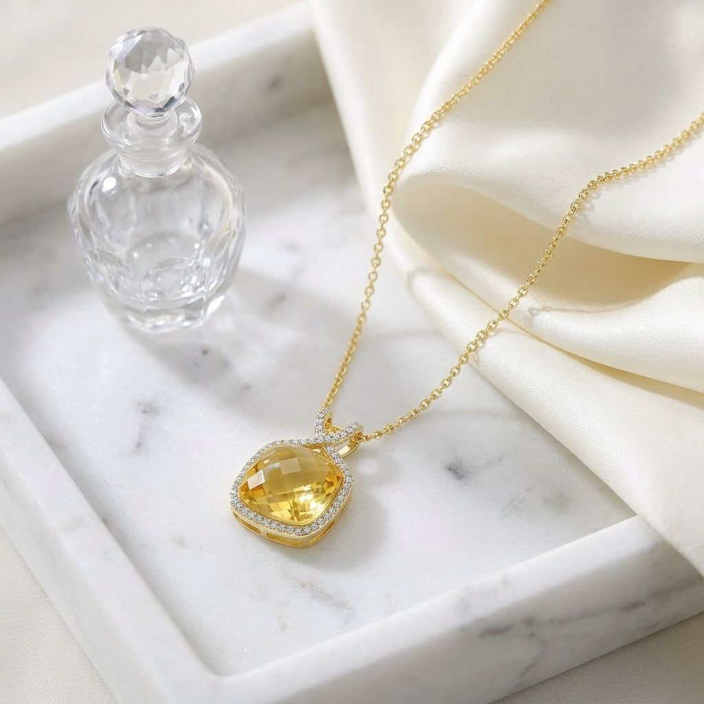 Citrine Cushion And Diamond Pendant In 14k Yellow Gold (1/4 Ct. Tw.) — atelier still life