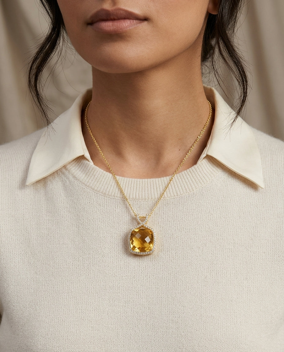 Citrine Cushion And Diamond Pendant In 14k Yellow Gold (1/4 Ct. Tw.) — editorial close-up