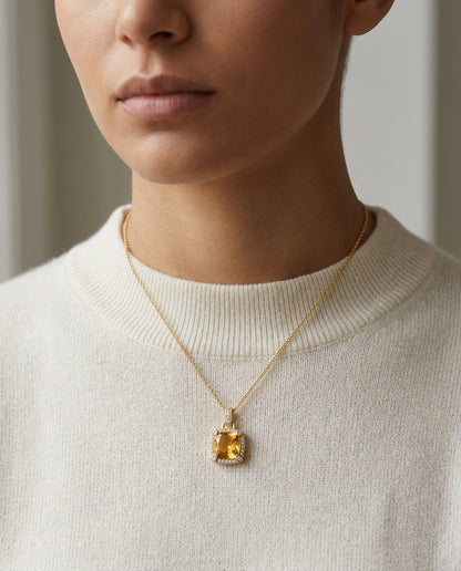 Citrine Cushion And Pave Diamond Pendant In 14k Yellow Gold (9mm) — editorial close-up