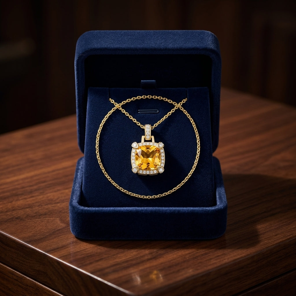 Citrine Cushion And Pave Diamond Pendant In 14k Yellow Gold (9mm) — gift presentation