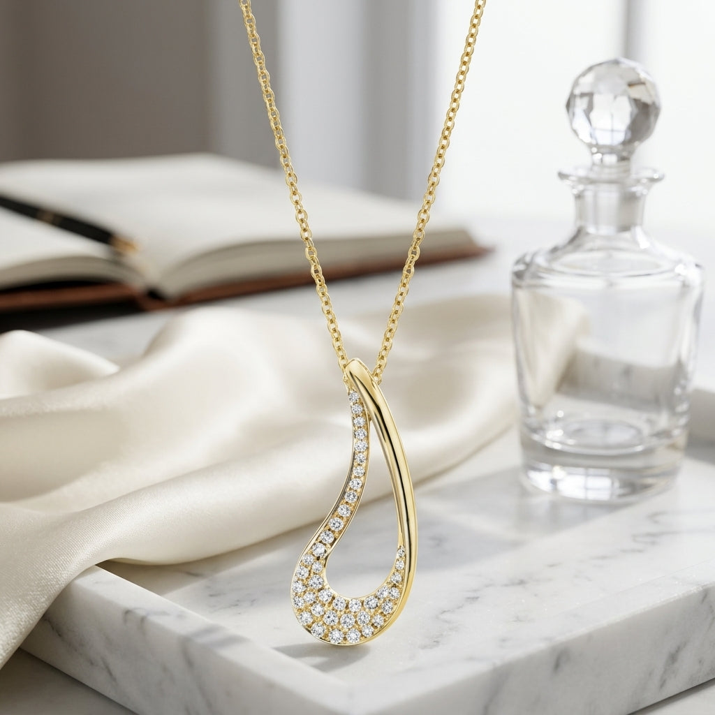 Diamond Curved Tear Drop Pendant In 14k Yellow Gold — atelier still life