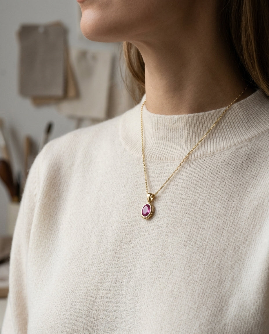 Pink Saphire Oval Bezel Solitaire Pendant In 14k Yellow Gold (18 Inch Rolo Chain) — editorial close-up