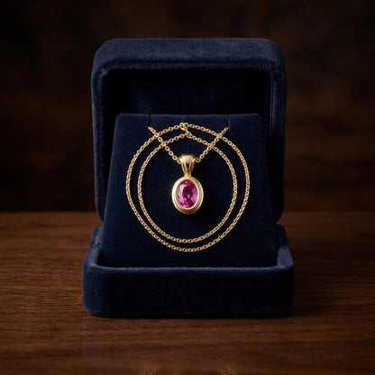 Pink Saphire Oval Bezel Solitaire Pendant In 14k Yellow Gold (18 Inch Rolo Chain) — gift presentation