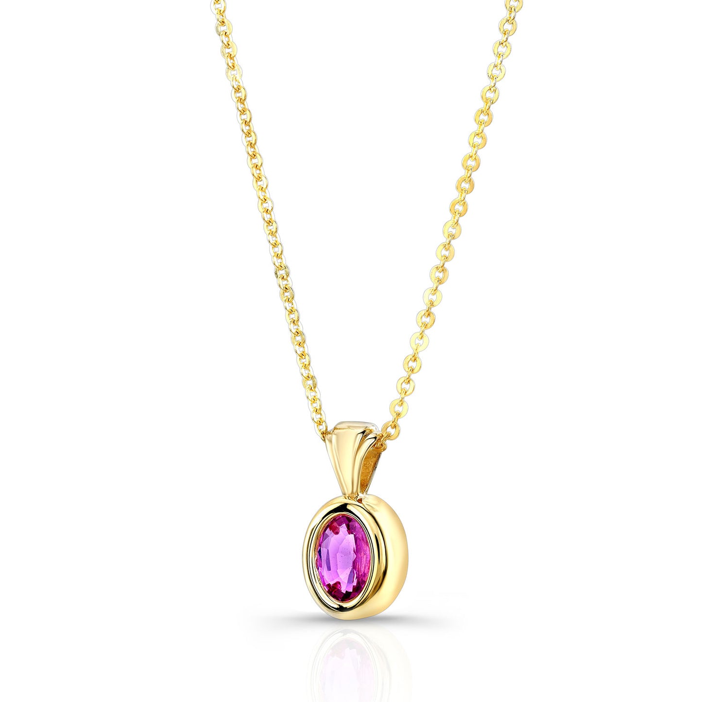 Pink Saphire Oval Bezel Solitaire Pendant In 14k Yellow Gold (18 Inch Rolo Chain)
