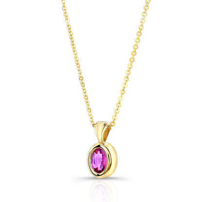 Pink Saphire Oval Bezel Solitaire Pendant In 14k Yellow Gold (18 Inch Rolo Chain)