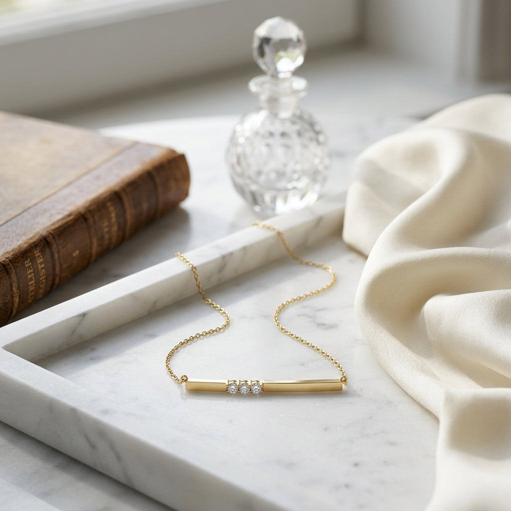Diamond 3 Stone Bar Necklace In 14k Yellow Gold (16.5 Inch Curb Chain) — atelier still life