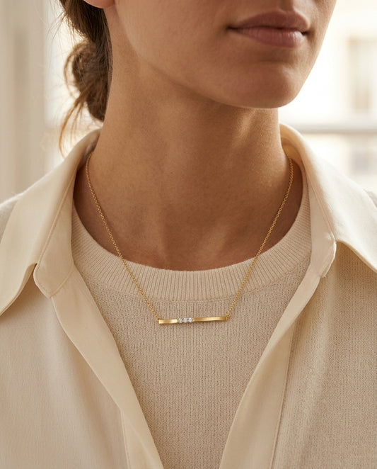 Diamond 3 Stone Bar Necklace In 14k Yellow Gold (16.5 Inch Curb Chain) — editorial close-up
