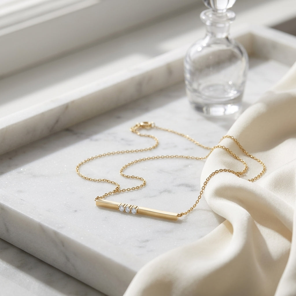 Bar 3- Stone Diamond Necklace In 14k Yellow Gold — atelier still life